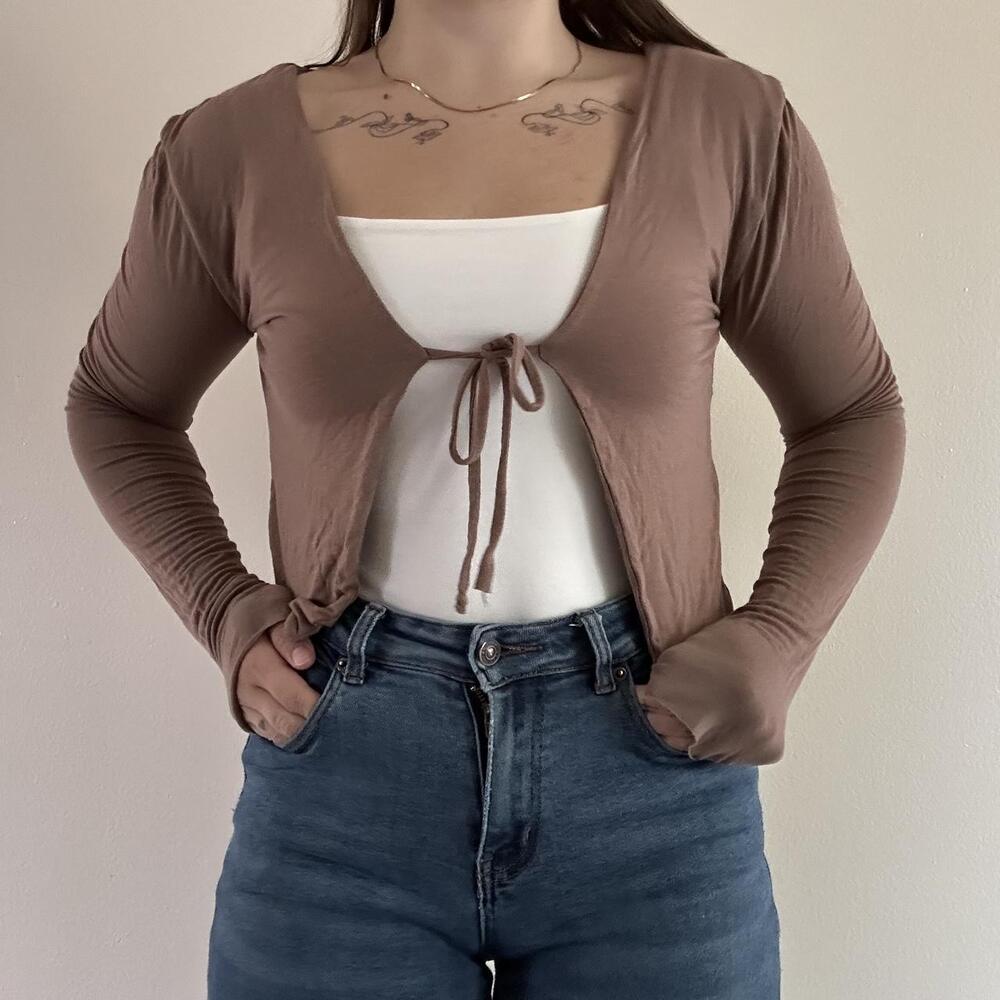 Beige Mauve Long Sleeve Tie Front Crop Top Size S